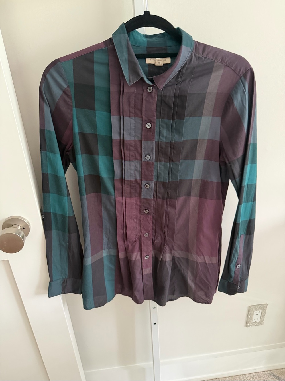 Burberry Brit Plaid Button-Up Shirt, Purple, Blue/Green, Size XS